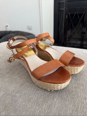Michael Kors Tan Leather Espadrille Wedge Sandals